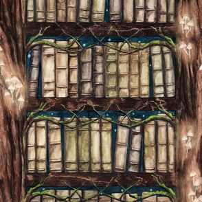 Enchanted Forest Library with books in painted magic trees with mushrooms and moss