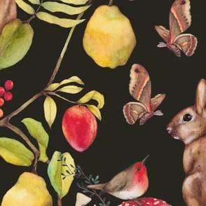 Baby Forest Animals with Quince Moths and Plums