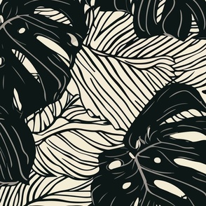 Aloha Monstera Leaves -  Tropical Luxury Hawaii - Large Scale - Tropical Abstract Line Art Black + Tan