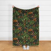 Adorable Woodland Forest Creatures in green, brown, orange and pink on dark (LG)