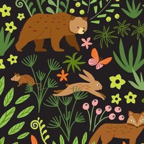 L // Adorable Woodland Forest Creatures in green, brown, orange and pink on dark (LG)