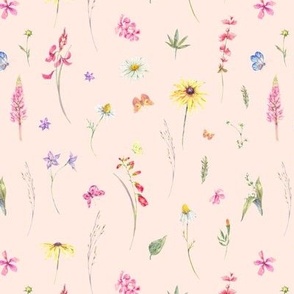 Watercolor botanical wildflowers on pink