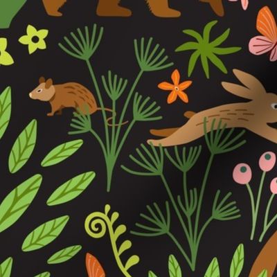 Adorable Woodland Creatures in green, brown, orange and pink on dark (Med)