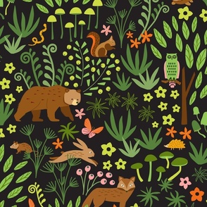 Adorable Woodland Creatures in green, brown, orange and pink on dark (Med)