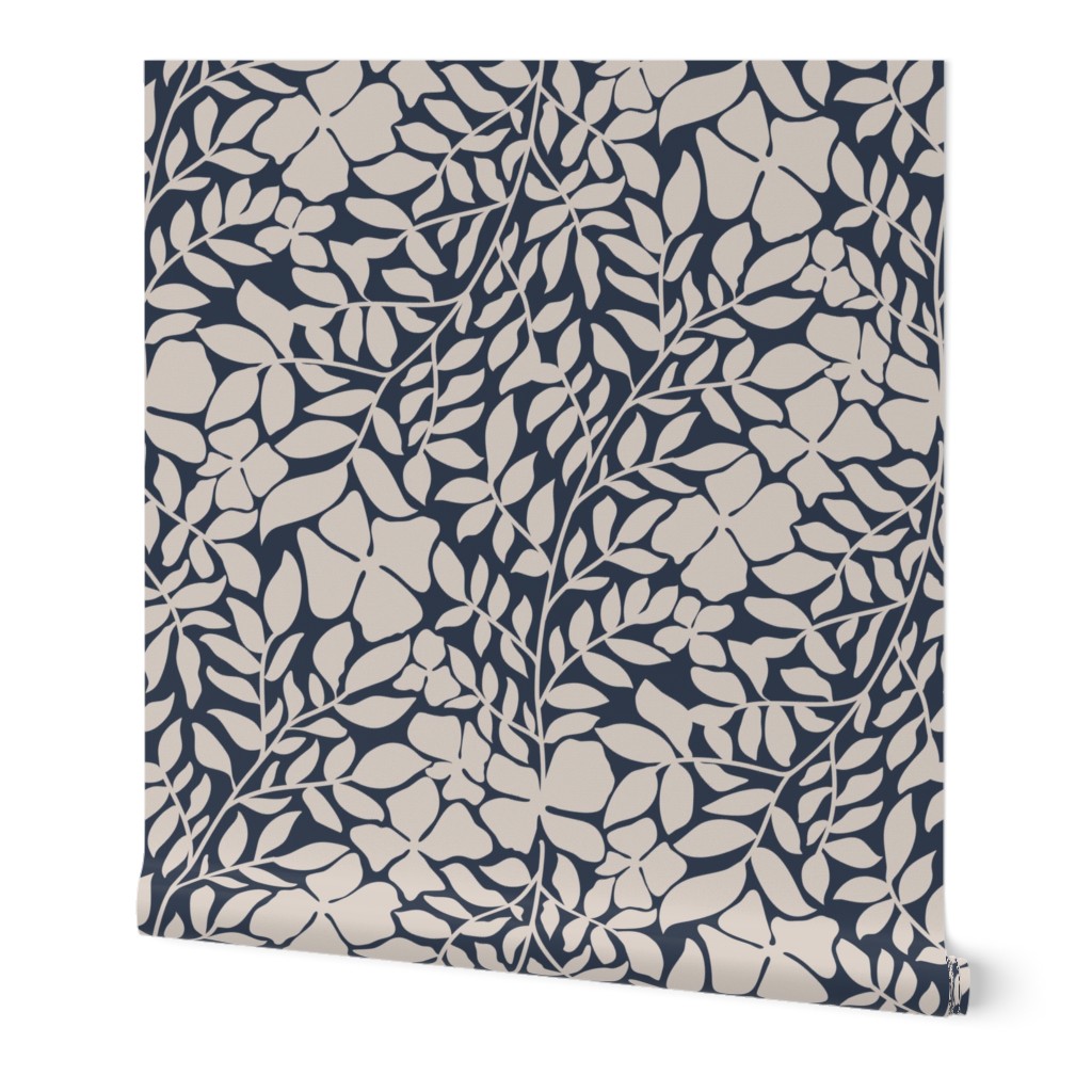 Wild Leaves and Modern Florals in Bone White on Navy Blue Background
