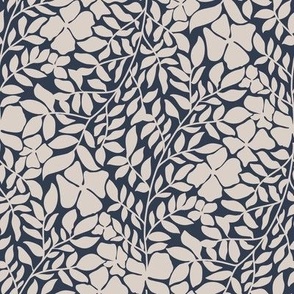 Wild Leaves and Modern Florals in Bone White on Navy Blue Background