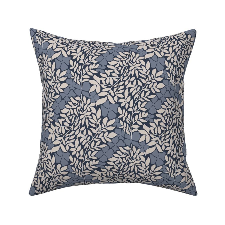 Wild Leaves and Modern Florals in Bone White and Light blue on Navy Blue Background 