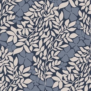 Wild Leaves and Modern Florals in Bone White and Light blue on Navy Blue Background 