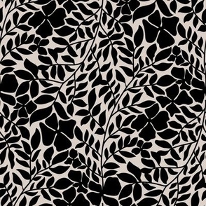 Wild Leaves and Florals in Black on White Bone background 