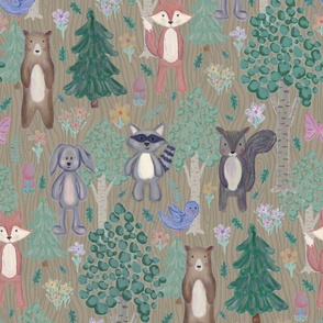 Forest Friends - cute woodland animals on neutral woodgrain