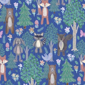 Forest Friends - cute woodland animals on blue woodgrain