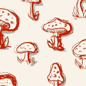 Forest biome mushroom. Red outlined handpainted mushrooms. Sketchy mushroom.