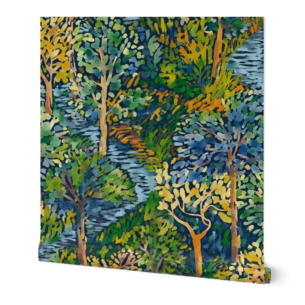 Fauvist Forest Biome Watercolor Dark large scale dark blue