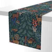 Whimsical magical forest repeat pattern design featuring pine trees, blueberries, raspberries, strawberries, leaves, mushrooms,  doe, brown bear, deer, orange fox, white owl and squirrel on dark blue background. Acrylic painted woodland design. BIG SCALE