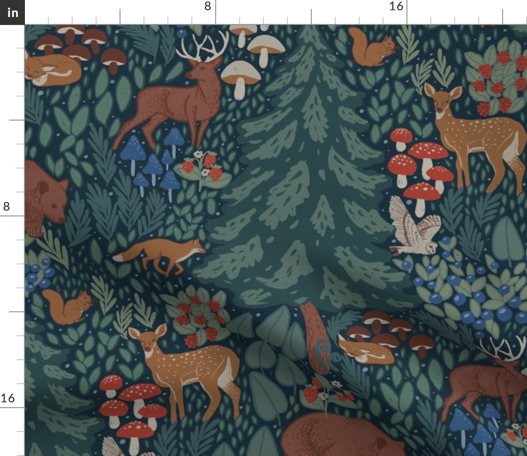 Whimsical magical forest repeat pattern design featuring pine trees, blueberries, raspberries, strawberries, leaves, mushrooms,  doe, brown bear, deer, orange fox, white owl and squirrel on dark blue background. Acrylic painted woodland design. BIG SCALE
