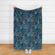 Large jumbo scale // Forest roots // navy blue background blue and yellow gold texture biome woodland animals bear fox hare deer bird trees 