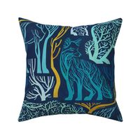 Large jumbo scale // Forest roots // navy blue background blue and yellow gold texture biome woodland animals bear fox hare deer bird trees 