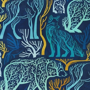 Large jumbo scale // Forest roots // navy blue background blue and yellow gold texture biome woodland animals bear fox hare deer bird trees 