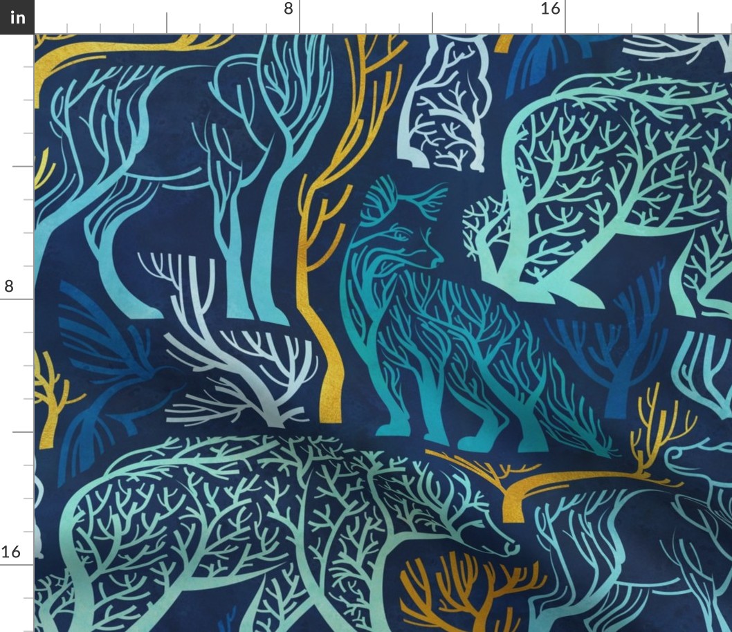 Large jumbo scale // Forest roots // navy blue background blue and yellow gold texture biome woodland animals bear fox hare deer bird trees 