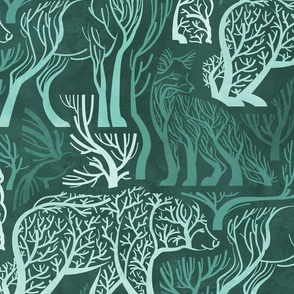 Large jumbo scale // Forest roots // monochromatic green biome woodland animals bear fox hare deer bird trees 