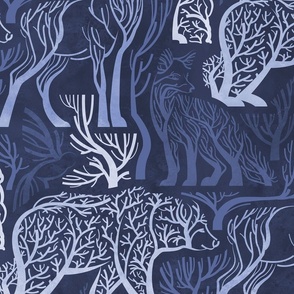 Large jumbo scale // Forest roots // monochromatic indigo blue biome woodland animals bear fox hare deer bird trees 