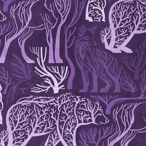 Large jumbo scale // Forest roots // monochromatic purple violet biome woodland animals bear fox hare deer bird trees 