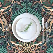 forest biome maximalist trellis in teal and gold tan | moody  magical holy woodland wild garlic ferns deadly nightshade deer owl squirrel fox woodpecker glowworms dragonfly | jumbo