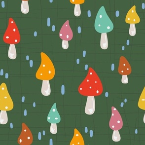 Rainy Day Rainbow Mushrooms on a Mossy Green Forest Floor