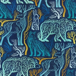 Normal scale // Forest roots // navy blue background blue and yellow gold texture biome woodland animals bear fox hare deer bird trees 