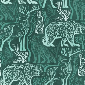 Normal scale // Forest roots // monochromatic green biome woodland animals bear fox hare deer bird trees 