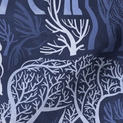 Normal scale // Forest roots // monochromatic indigo blue biome woodland animals bear fox hare deer bird trees 