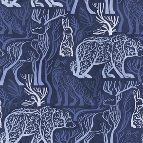 Normal scale // Forest roots // monochromatic indigo blue biome woodland animals bear fox hare deer bird trees 
