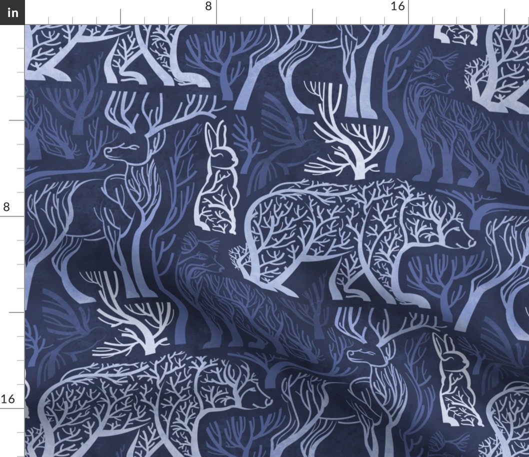Normal scale // Forest roots // monochromatic indigo blue biome woodland animals bear fox hare deer bird trees 