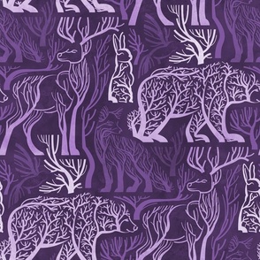 Normal scale // Forest roots // monochromatic purple violet biome woodland animals bear fox hare deer bird trees 