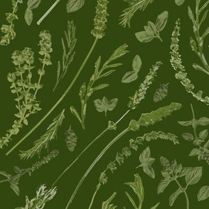 Herbs tossed (Med/large), Earth Tone Greens on deep Green BackGround, Medium/large scale