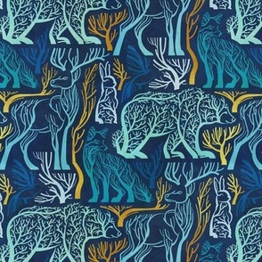 Small scale // Forest roots // navy blue background blue and yellow gold texture biome woodland animals bear fox hare deer bird trees 