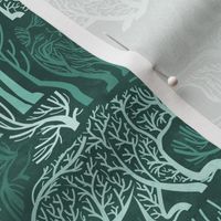 Small scale // Forest roots // monochromatic green biome woodland animals bear fox hare deer bird trees 