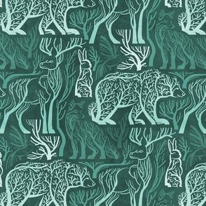 Small scale // Forest roots // monochromatic green biome woodland animals bear fox hare deer bird trees 