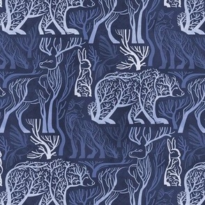 Small scale // Forest roots // monochromatic indigo blue biome woodland animals bear fox hare deer bird trees 