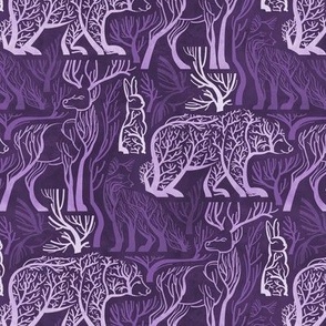 Small scale // Forest roots // monochromatic purple violet biome woodland animals bear fox hare deer bird trees 
