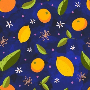 Citrus Bloom - Vibrant Lemon and Orange Illustration on Deep Blue
