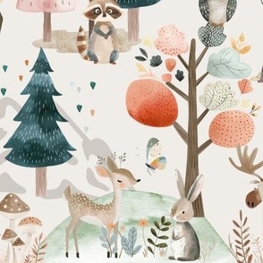 Woodland Path – forest animal fabric, bear moose deer wolf rabbit (off-white bisque)
