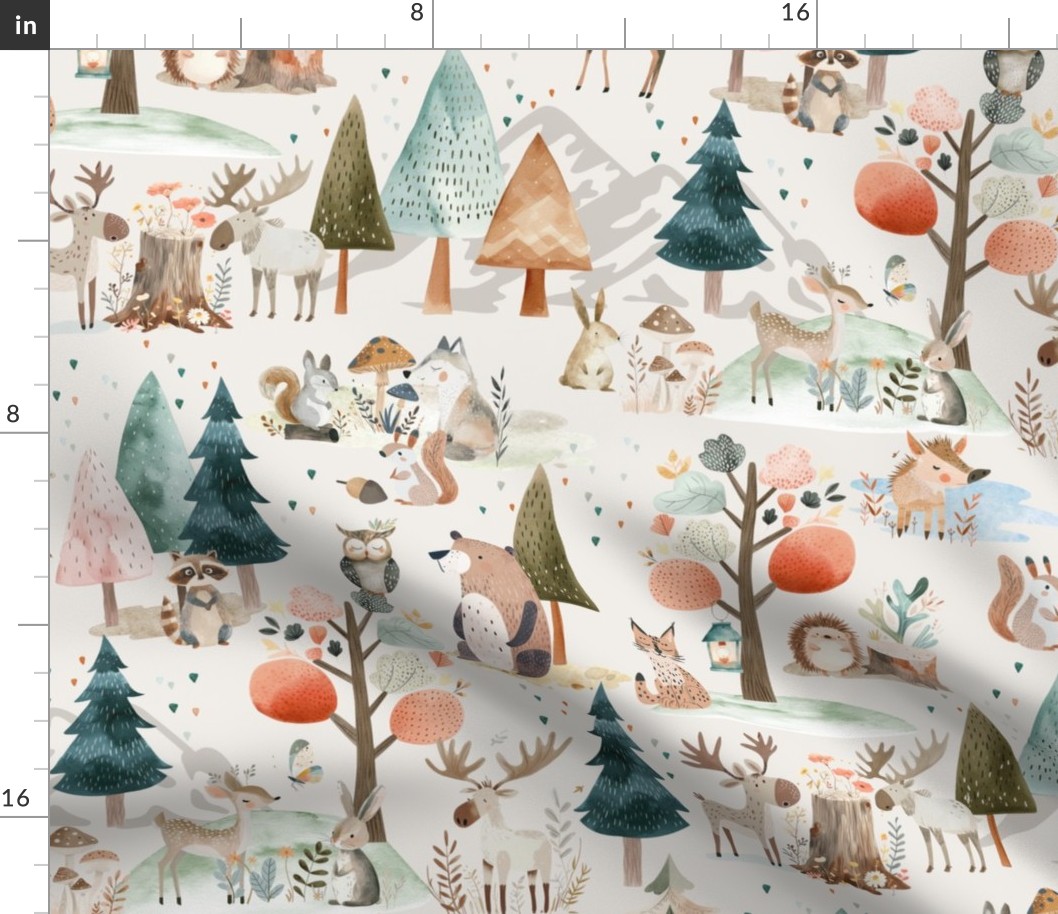 Woodland Path – forest animal fabric, bear moose deer wolf rabbit (off-white bisque)