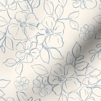 Sketch Floral Blooms in Blue on Cream