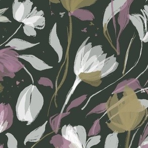 (l) warm night forest florals | olive green pink yellow | large scale