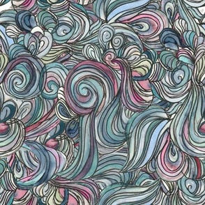 Swirled to Oblivion - Blue Pink Green Watercolor and Ink Swirly Twirly Curls