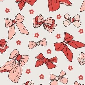 M | Ribbon Bows and Cute Ditsy Daisy Flowers in Valentine Red, Girly Peach Melba and Baby Soft Pink