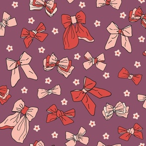 L | Ribbon Bows and Cute Ditsy Daisy Flowers in Red with Girly Peach Melba and Soft Pink on Violet Quartz Purple