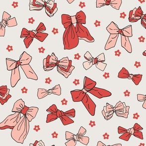 L | Ribbon Bows and Cute Ditsy Daisy Flowers in Valentine Red, Girly Peach Melba and Baby Soft Pink