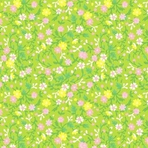 Smaller Scale - Vintage Cottagecore Calico Floral in Lime Green